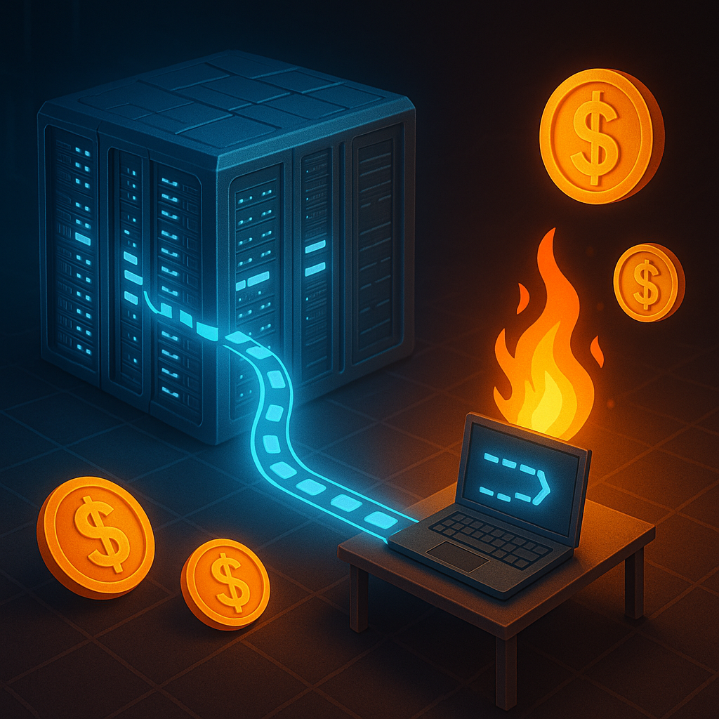 Слева — сияющий серверный куб, легко обрабатывающий поток данных, справа — ноутбук, окружённый пылающими монетами: визуальное сравнение того, как DeepSeek дешёв в облаке, но дорог и медленен локально.