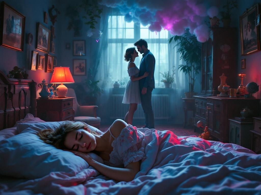    К чему такое снится: На картине изображена пара, стоящая в старинной гостиной. Вокруг них предметы из прошлого: старый чайник, фотографии на стене, ретро-мебель. В углу комнаты - старинн