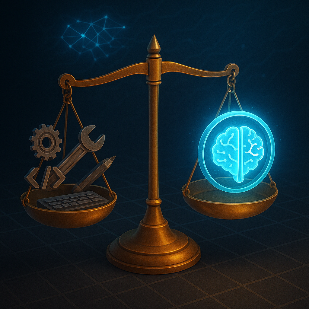 Золотые весы, где с одной стороны лежат инструменты технических навыков, а с другой — сияющий мозг-символ рассудительности, подчёркивают смещение ценности от мастерства к умению принимать решения в эпоху ИИ.