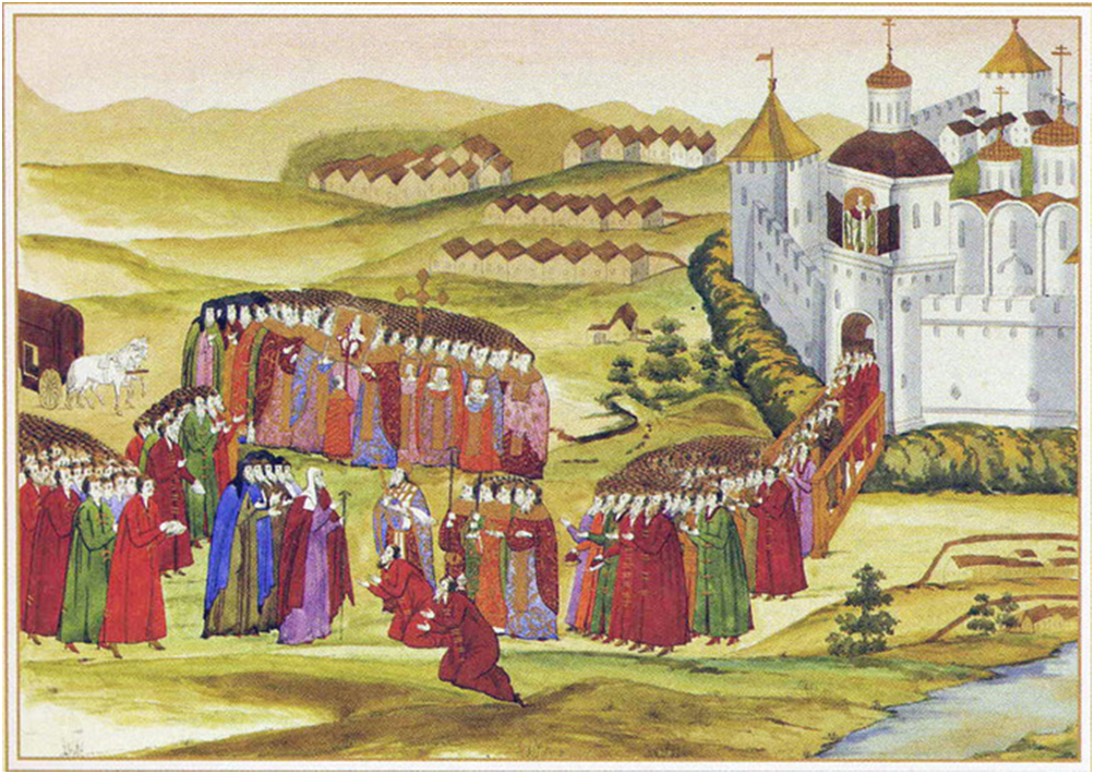 	Старинный Можайский кремль времен польского нашествия. Изображение условное.
	Встреча в Можайске отца царя Фёдора Ивановича Романова 
	патриарха Филарета, возвращающегося в 1619 году из польского плена. Над вратами резная икона Св. Николая
