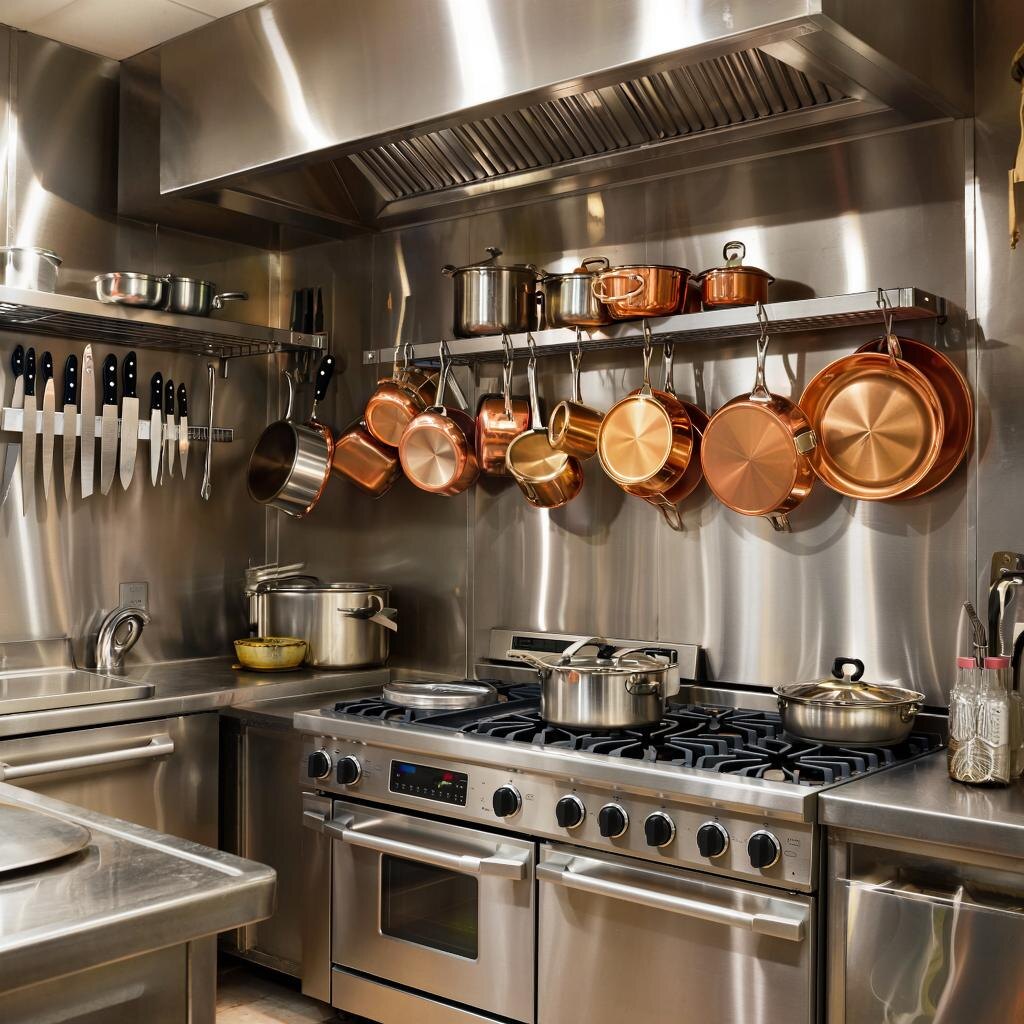 Профессиональные кухни в 95% случаях полностью сделаны из нержавеющей стали, включая разнообразный инвентарь.