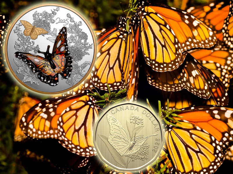 Монеты Канады с бабочкой-монархом: 1 и 125 долларов 2025