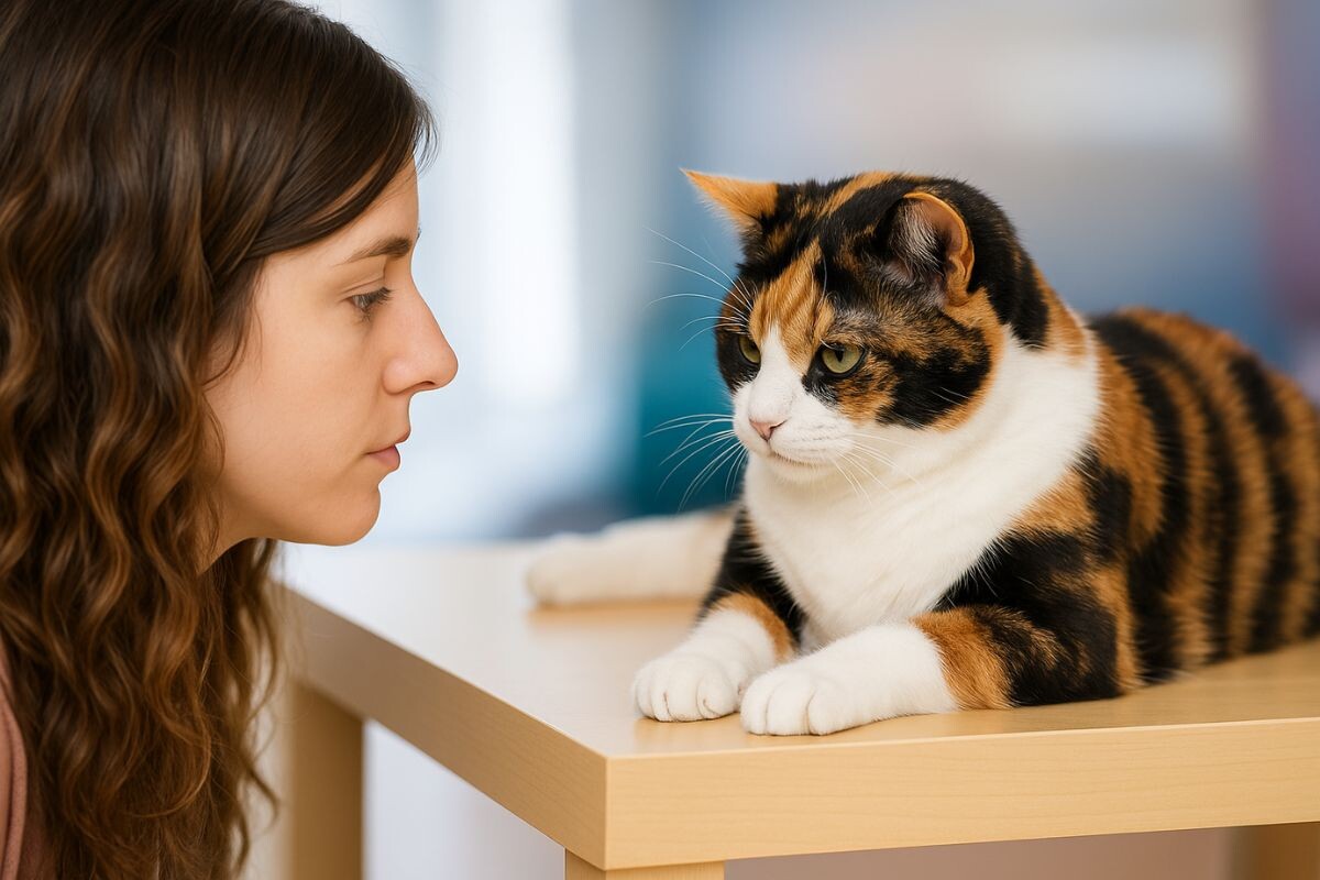 Девушка изучает выражение мордочки своей кошки