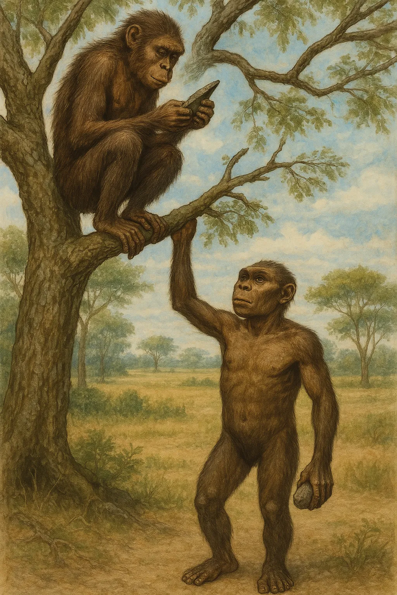 Australopithecus sediba рассматривает инструмент на ветке дерева, в то время как Homo naledi стоит ниже, держа камень, который демонстрирует их общую способность лазать и использовать инструменты 