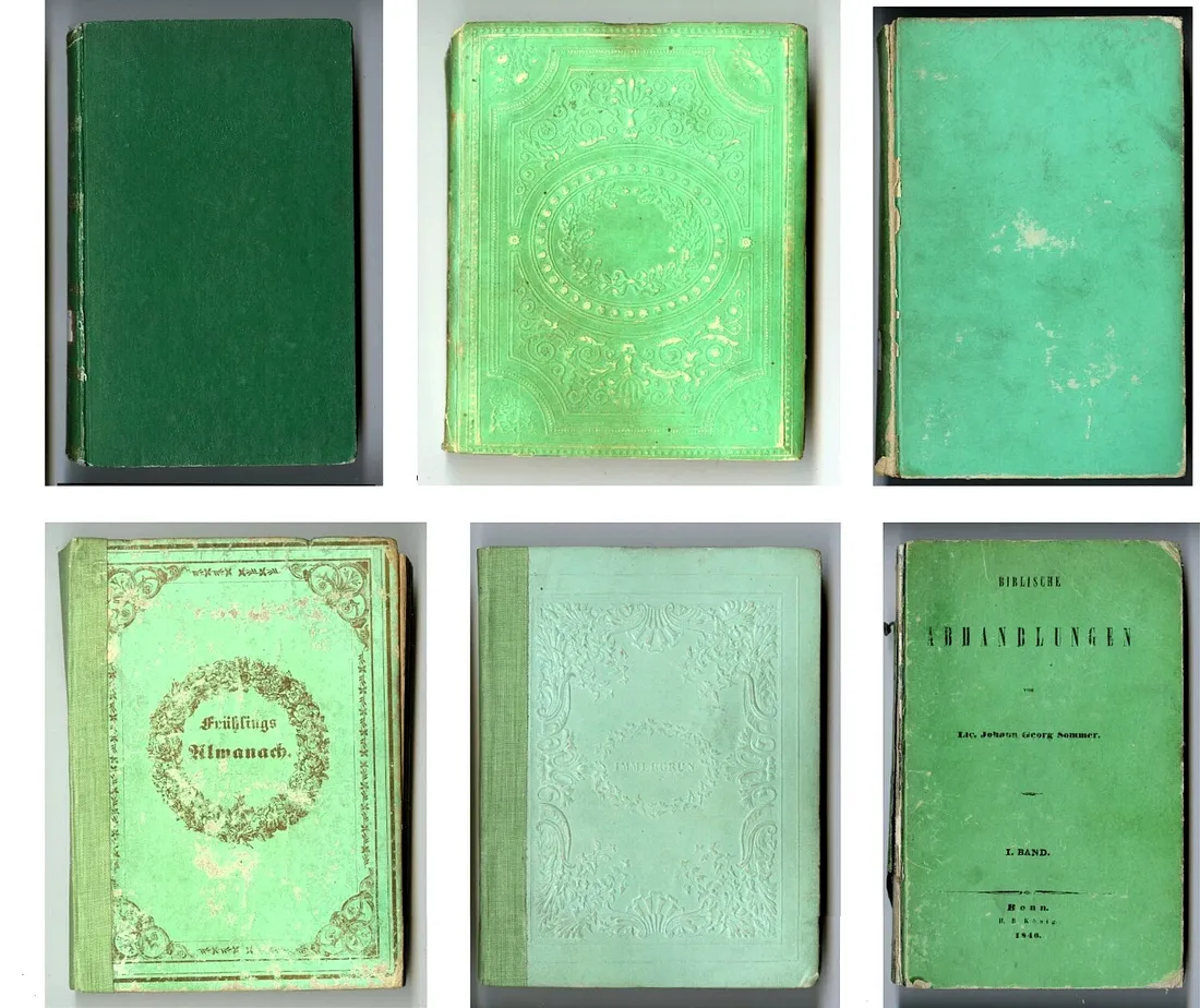 Книги с обложками из бумаги с содержанием мышьяка, подтверждённые с помощью рентгенофлуоресцентного анализа (XRF). На этих оригинальных бумажных обложках обнаружен мышьяк.