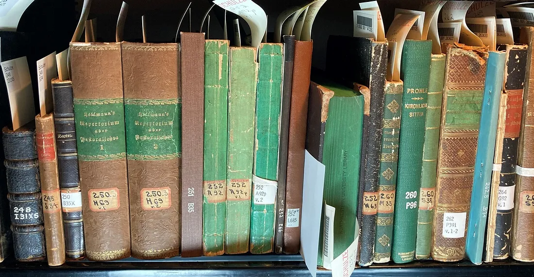 Типичные книги из коллекции Шульце Северо-Западного университета с зелёными бумажными переплётами, тканевыми обложками, украшенными срезами страниц и этикетками, подозреваемыми в содержании мышьяка. Любезно предоставлено библиотеками Северо-Западного университета. Авторские права: Сьюзан Рассик и соавторы (2025).