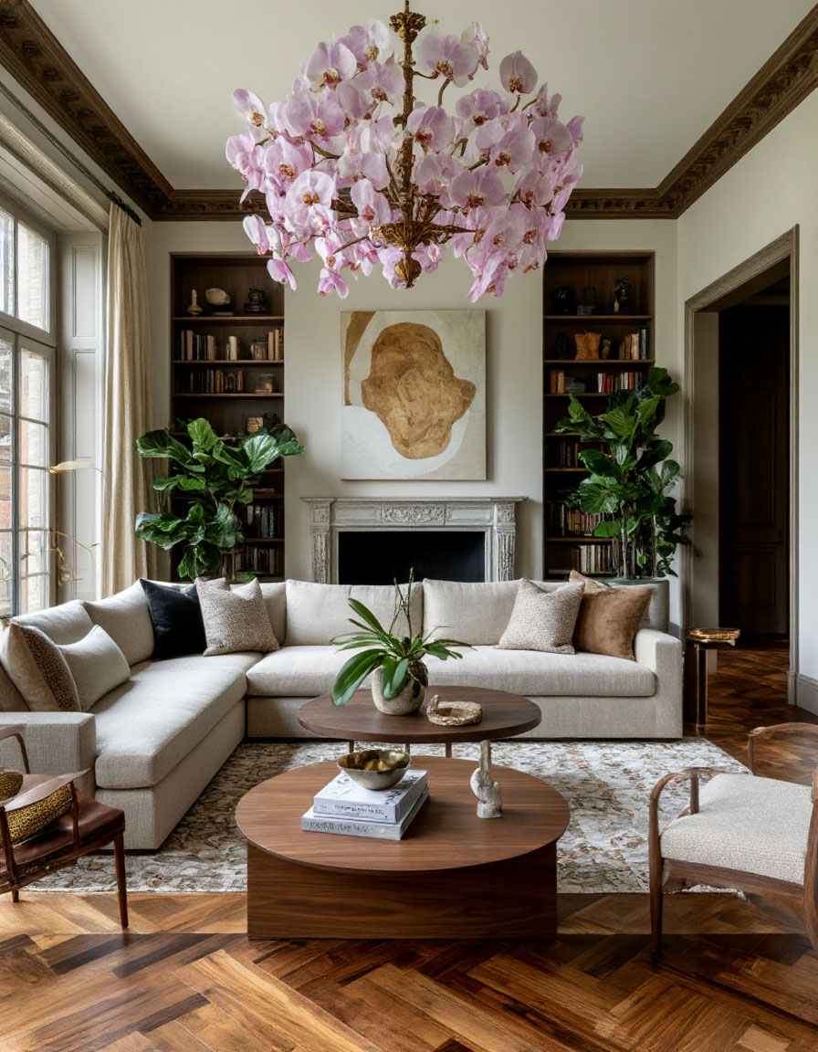 Интерьер гостиной с библиотекой и камином