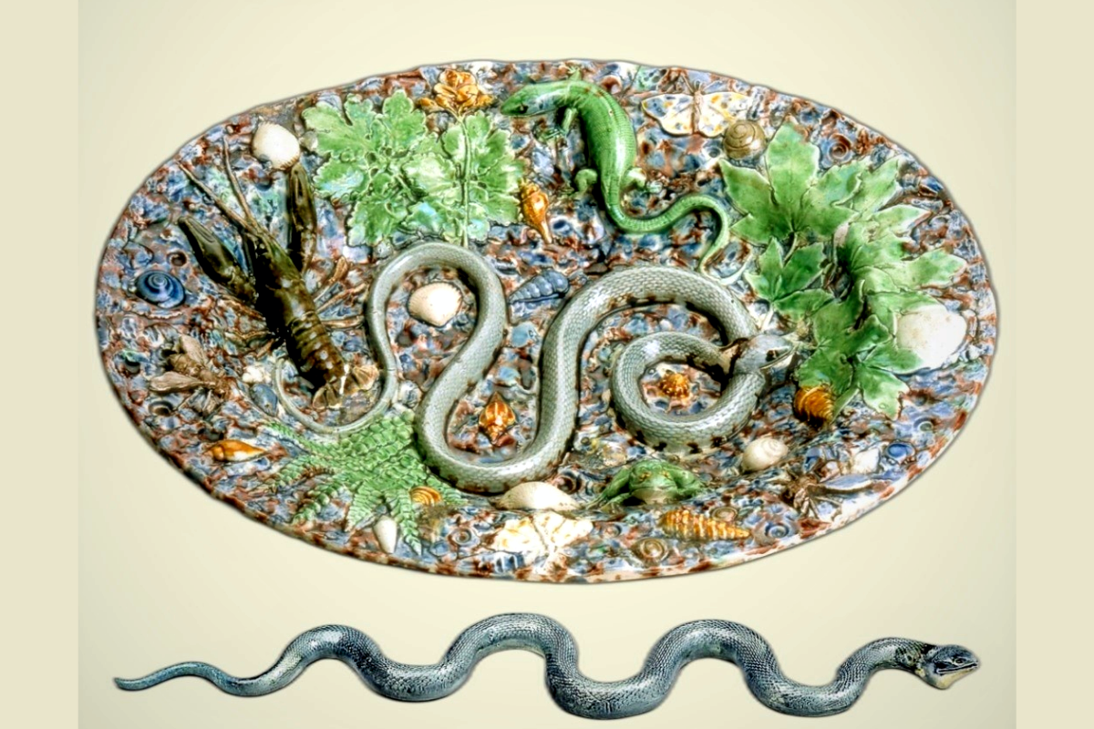 Блюдо для фруктов, Бернар Палисси, 1560 г. Внизу— портрет ужа, 1585 г., тот же автор © Британский музей