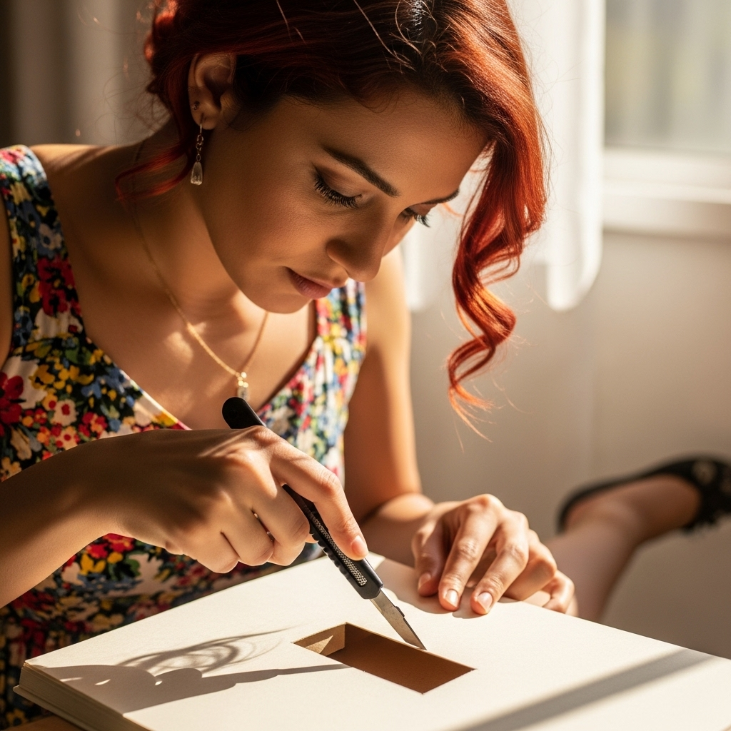 Девышка вырезает место в книге для тайника