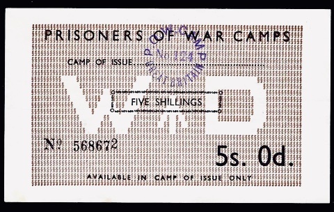 POW note — 5 shillings, WAPLEY Camp № 124 — 11 November, 1945