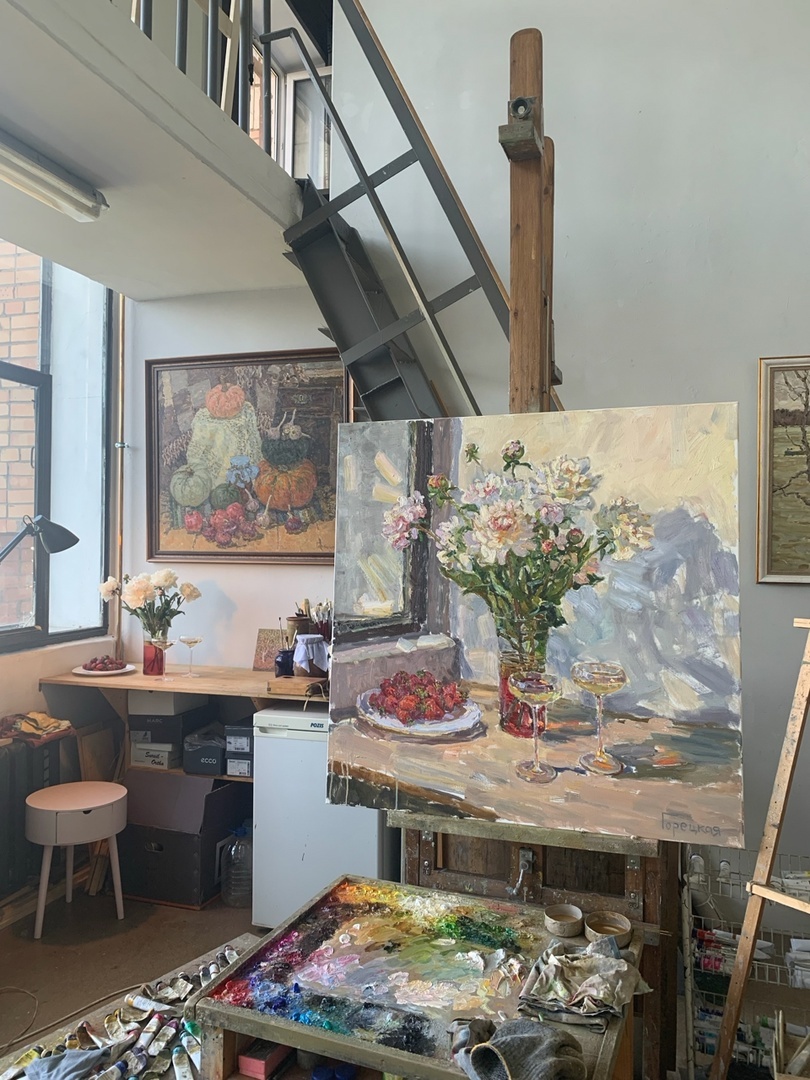 Полина Горецкая "Пионы" 2025 холст, масло 100х100