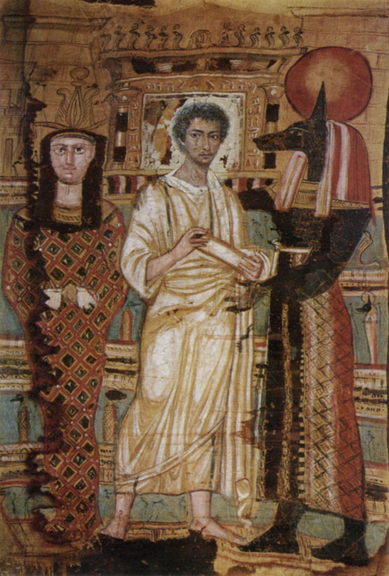 Фаюмский портрет с изображением усопшего, Осириса и Анубиса. Середина II в