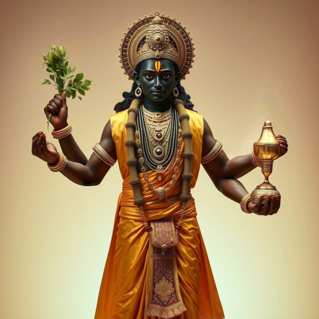 Дханвантари – четырёхрукий бог медицины с чёрным лицом.