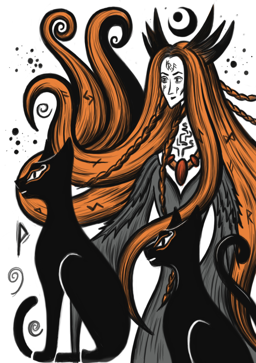 Авторская иллюстрация богини Фрейя из скандинавских сказаний, которая родом из мира Ванахейм. Она для меня олицетворение естественного женского соблазна, который не опорочен умом, системой, влиянием извне