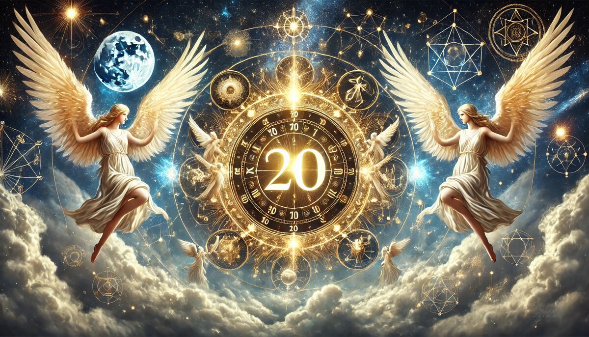 Мистическая иллюстрация ангельской нумерологии с крупной цифрой 20 в центре сияющих часов