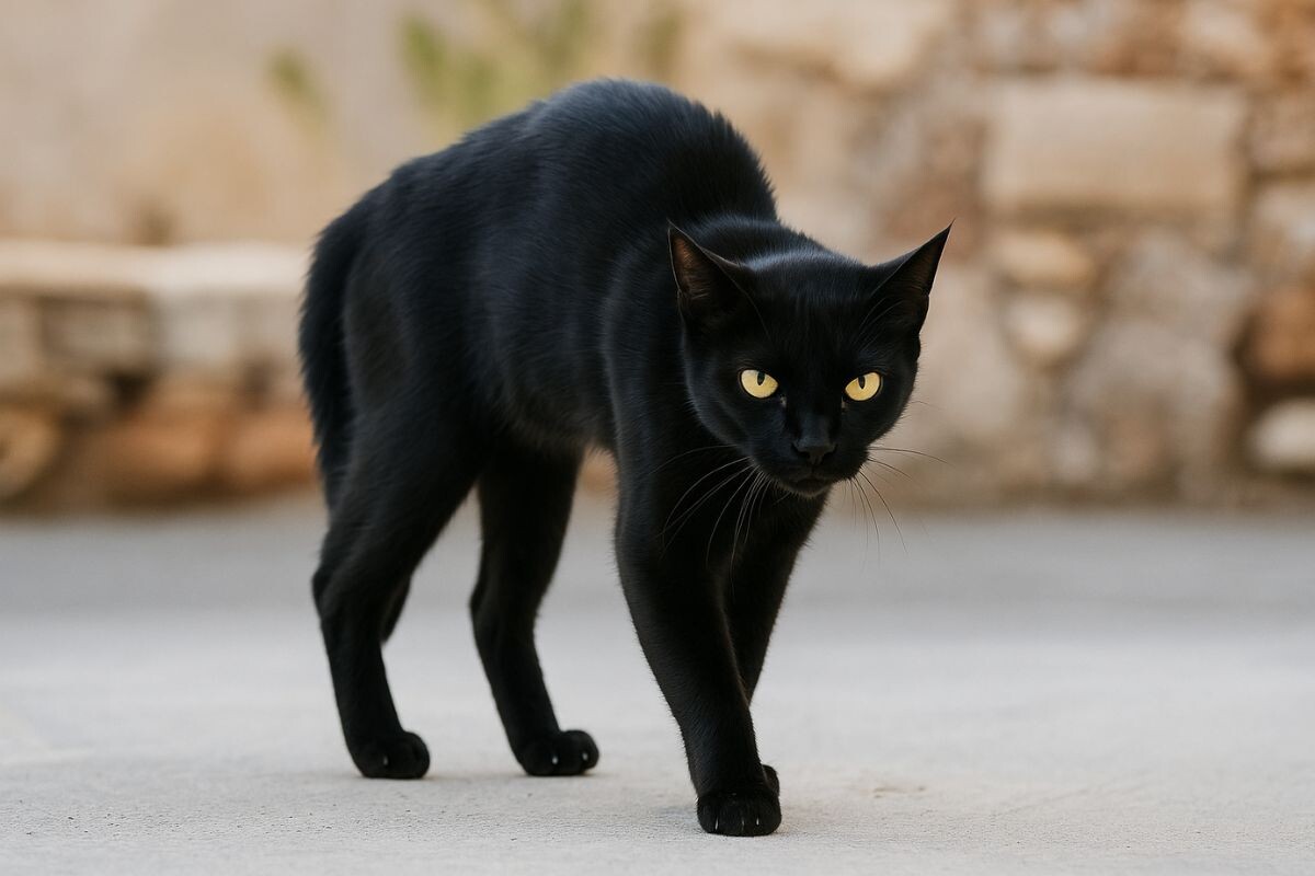 Чёрная кошка с распушенной шерстью и выгнутой спиной
