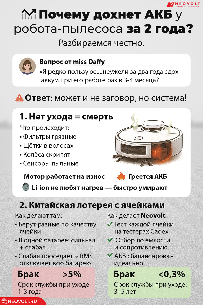 Инфографика: «Почему дохнет АКБ у робота-пылесоса за 2 года?» | Чистый робот = живой аккумулятор, качественная сборка = долгая жизнь.