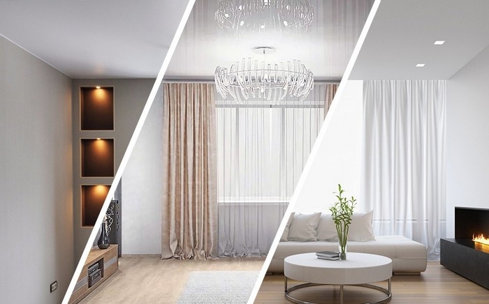   
ПВХ натяжные потолки бывают: матовые, глянцевые, сатиновые, как на этом фото