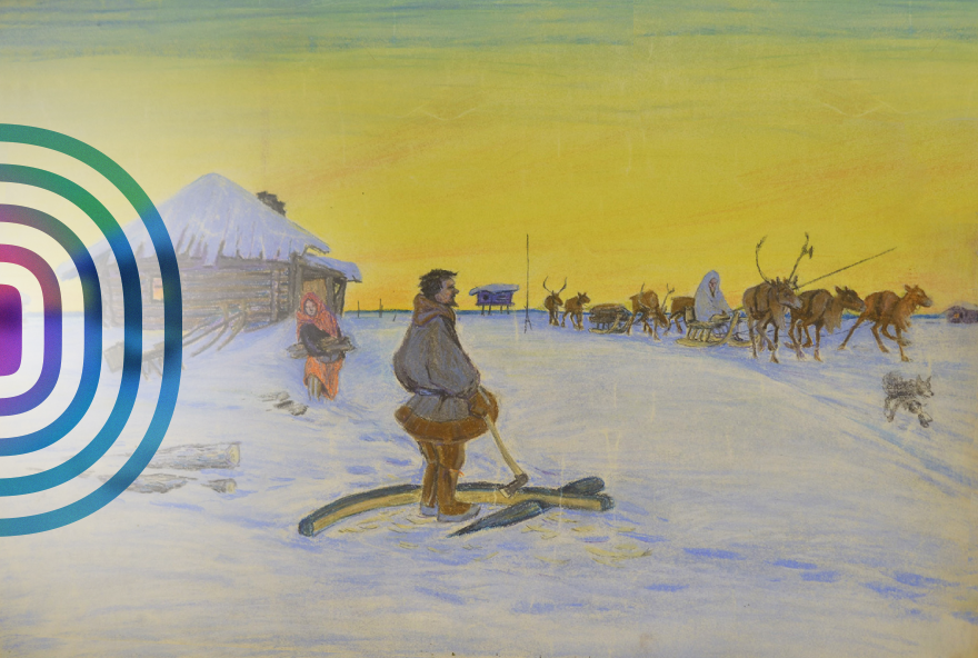 Сергей Федорович Бартольд (1899–1942) «Зима. Оленья упряжка с нартами». Ленинградская обл., Мурманский округ, с. Ловозеро. Саамы. 1933-34гг (из фондов Российского этнографического музея). Источник: ethnomuseum.ru