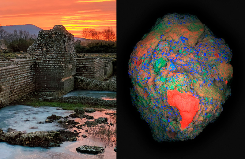 Фрагмент древнеримского бетона размером 2 см (справа), найденный на археологическом объекте Привернум, Италия (слева). Красное пятно на образце — это обломок извести.