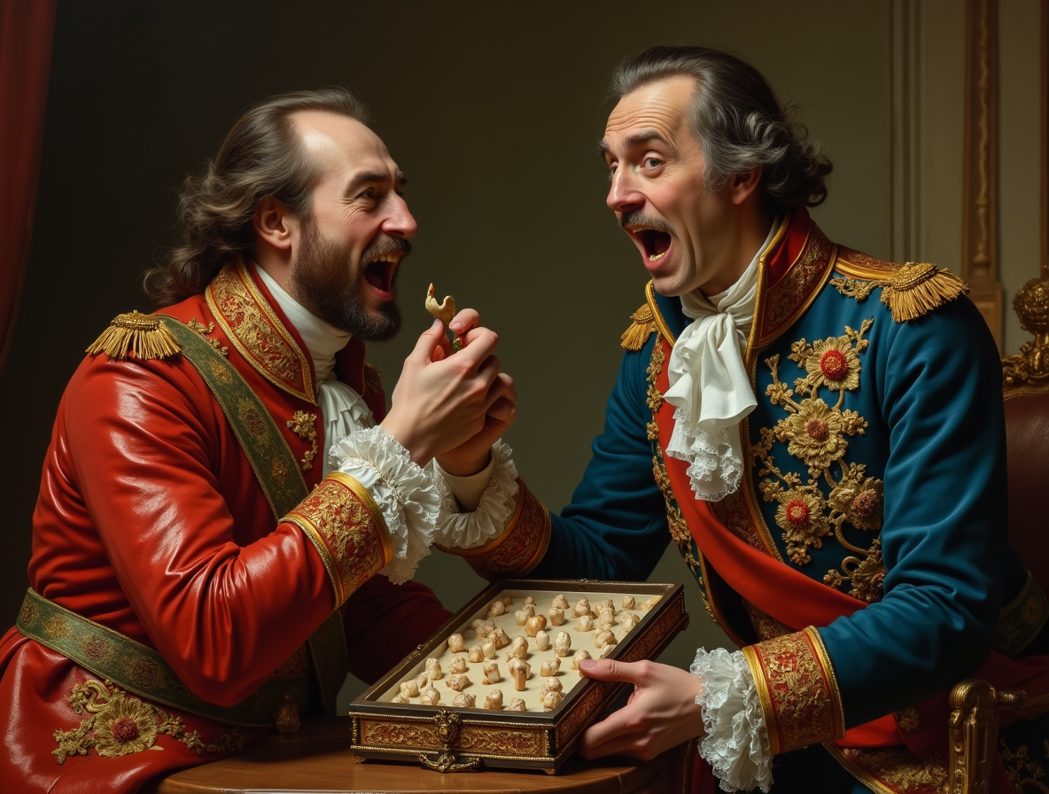 Петр I лично удаляет зуб у придворного, рядом шкатулка с коллекцией зубов