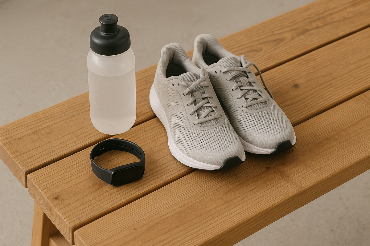 Кроссовки, фитнес-браслет и бутылка воды на деревянной скамейке — минималистичный набор для заботы о себе и активного образа жизни