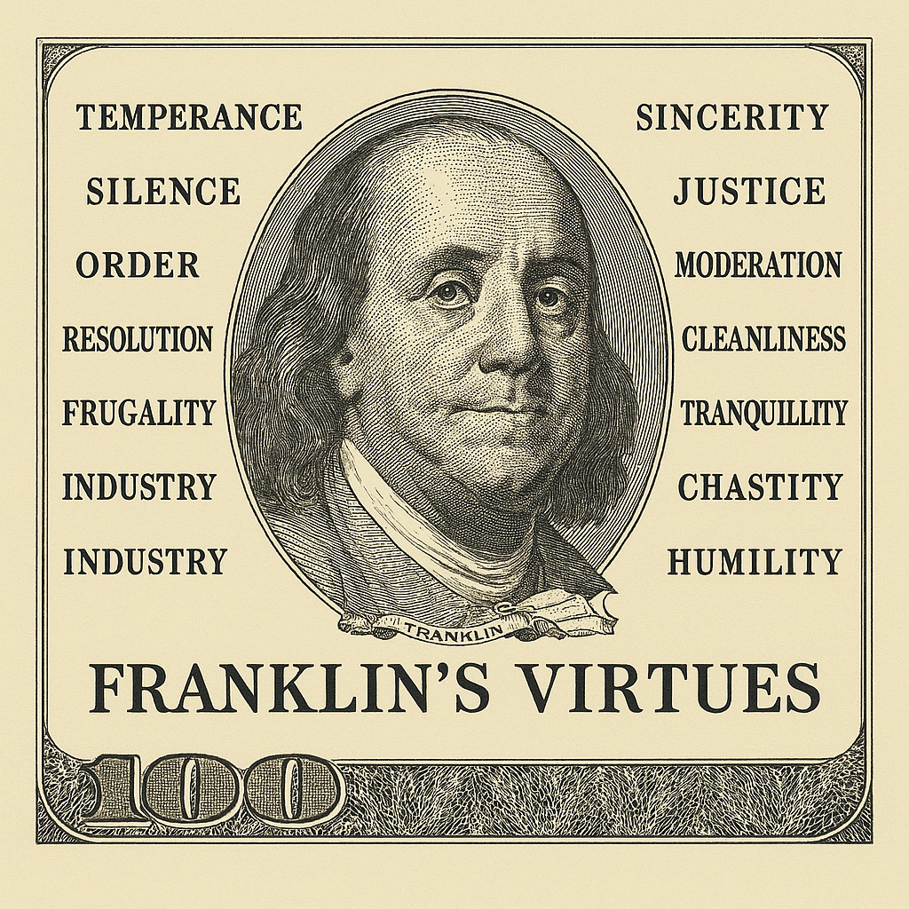 13 добродетелей Бенджамина Франклина.  Изображение сгенерировано ИИ