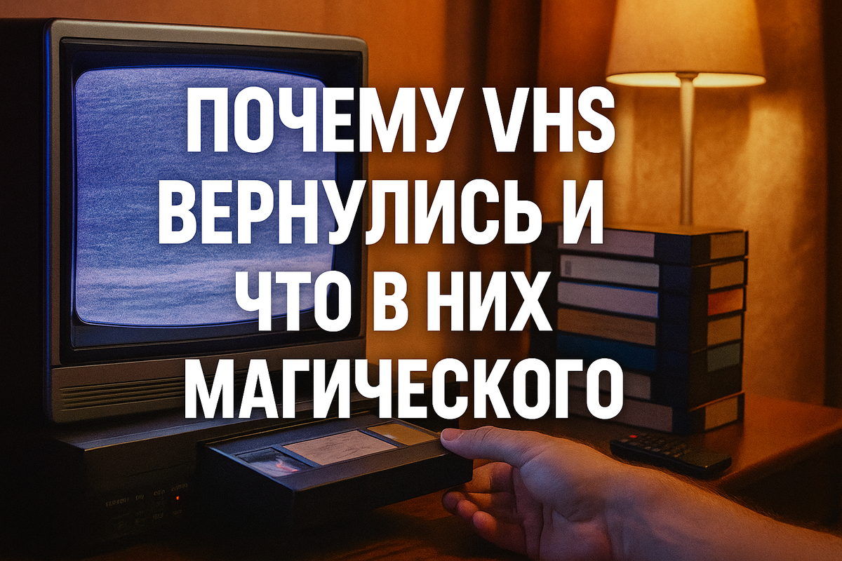 📼 Фото старого телевизора с вставленной VHS-кассетой, экран плывёт от помех, мягкий тёплый свет в комнате.