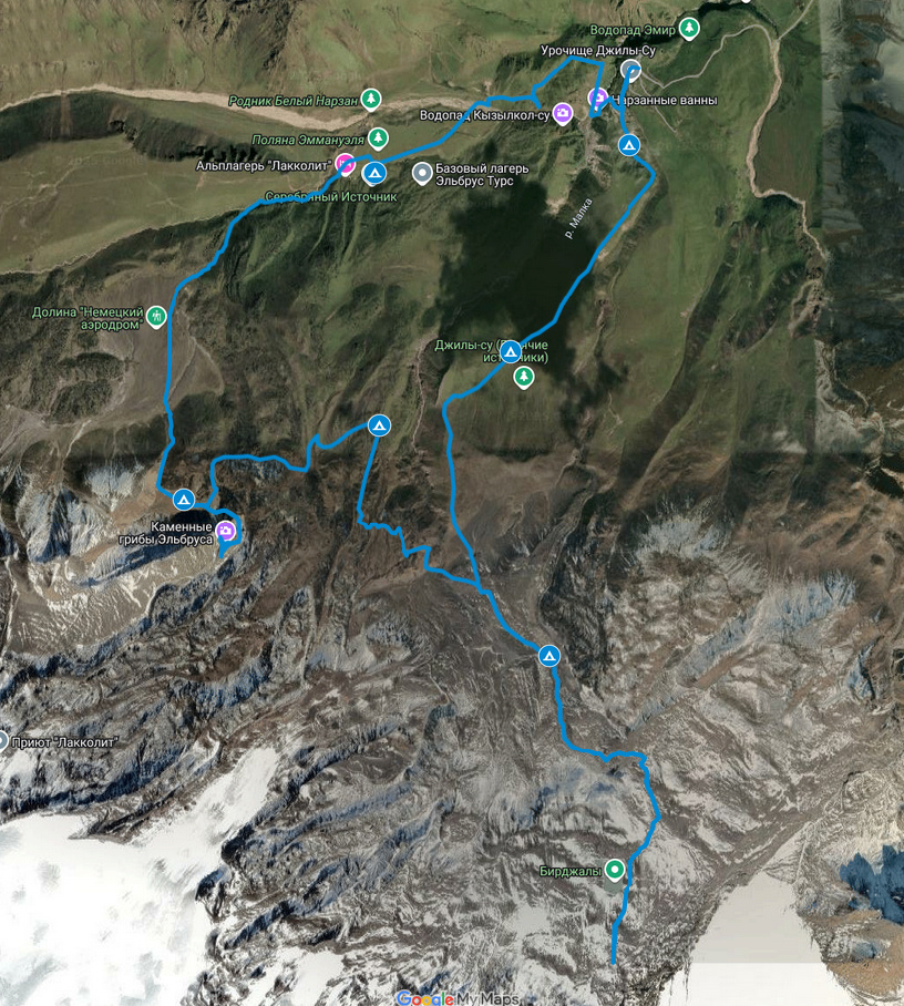 Наш маршрут, синими круглыми значками с палаткой отмечены наши ночевки.
