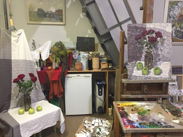 Полина Горецкая "Розы и яблоки" 2020 картон, масло 70х55