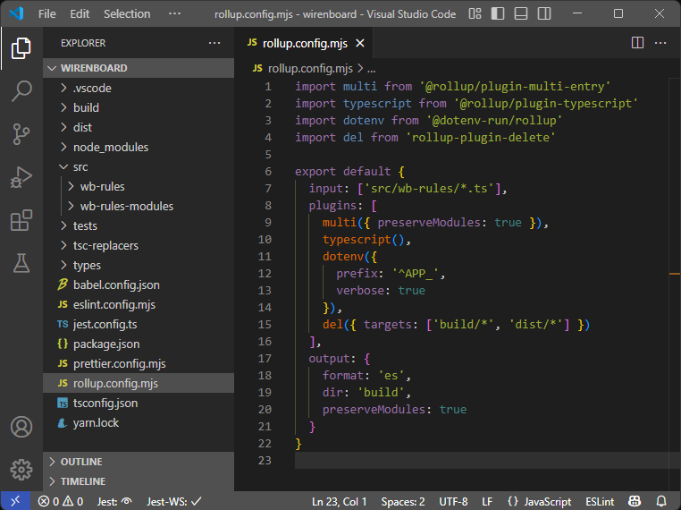Конфигурация Rollup с добавленным в неё плагином dotenv-run