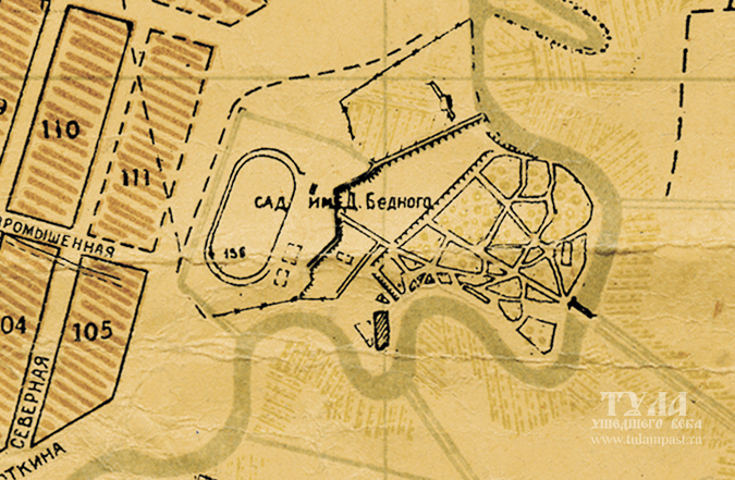 Фрагмент карты 1934 года. В то время Баташевский сад имел только правобережную часть