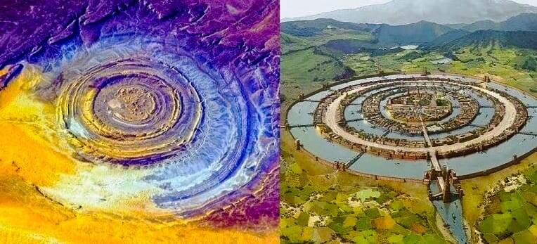 Слева структура Ришат или (Глаз Сахары) Справа структура Атлантиды по Платону