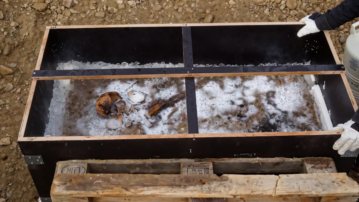 Могила была обнаружена в 2021 году, а затем мгновенно заморожена жидким азотом, чтобы ее можно было раскопать как единый блок, фото:Bavarian State Office for the Preservation of Monuments (BLFD)