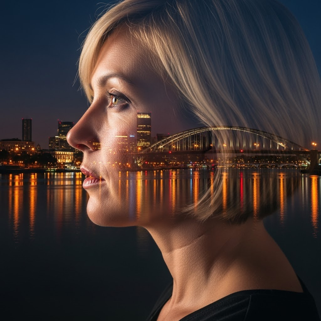 Двойная экспозиция. Силуэт женщины и огни ночного города.