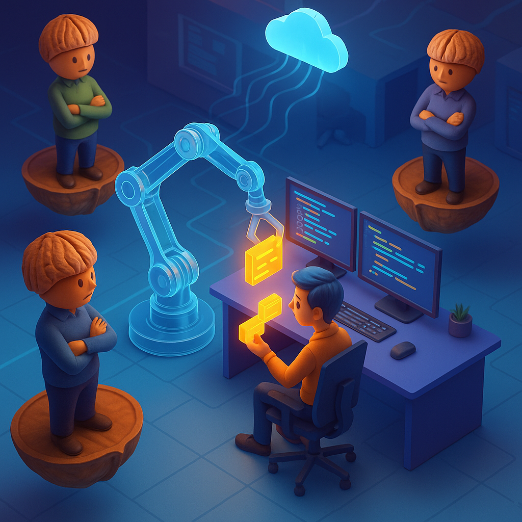 На иллюстрации прозрачная робот-рука бережно передаёт «светящийся» блок кода программисту за рабочей станцией, а трое скептиков с грозно-скрещёнными руками стоят на парящих «ореховых» платформах и наблюдают: аллюзия на заголовок «You’re All Nuts» и спор вокруг ИИ-ассистентов в разработке.