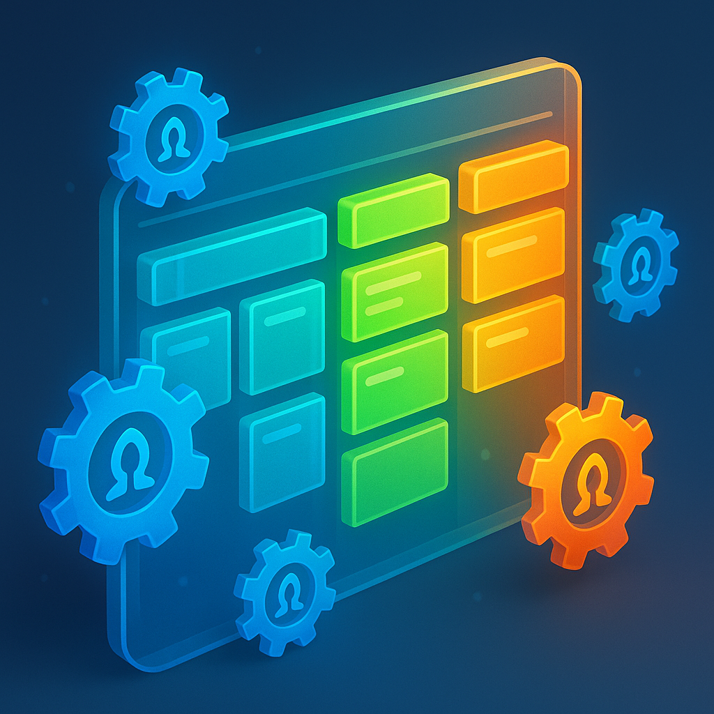 Объёмная доска канбан из полупрозрачных цветных карточек парит в тёмно-синем пространстве, а вокруг неё вращаются светящиеся шестерёнки с символом open-source — визуальная метафора проекта Kanbn, который предлагает открытый, гибкий аналог Trello.