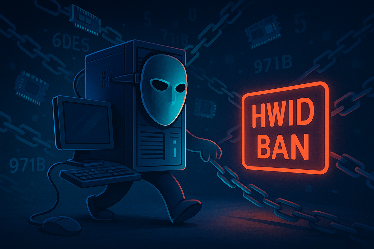 Темное кибер-пространство: компьютер-«маскарадник» в синем свечении раздвигает цепи, чтобы пройти сквозь ярко-красный барьер «HWID BAN». Вокруг мелькают микросхемы и цифры — аллюзия на аппаратные идентификаторы, которые спуфер умеет подменять, обходя блокировку.