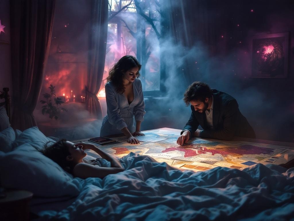    К чему такое снится: На картине изображены двое людей: художник и известная личность. Они стоят у стола с раскрытыми картами и документами, с которыми они внимательно советуются, пытаясь