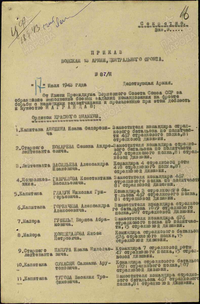 Первая страница приказа о награждении