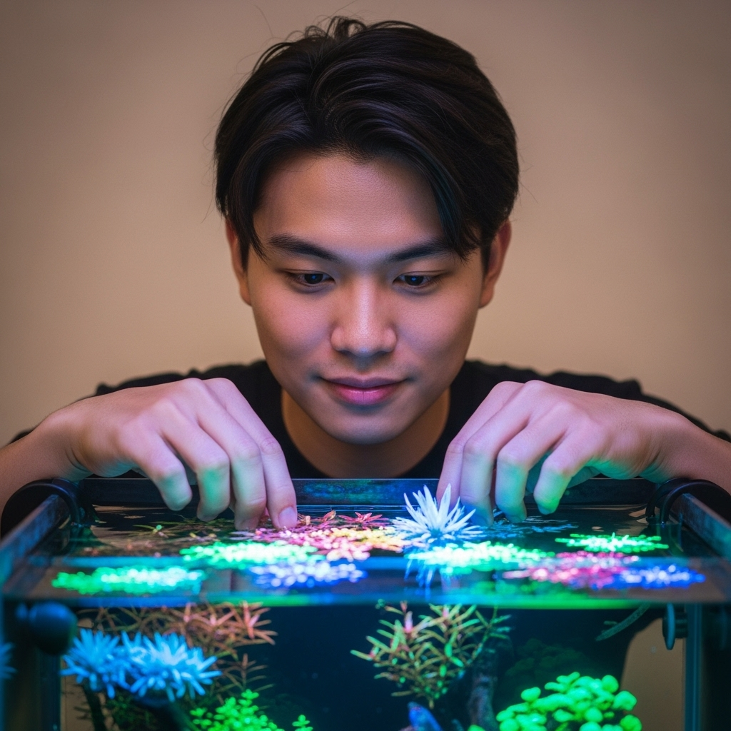 Молодой человек выращивает светящиеся аквариумные растения
