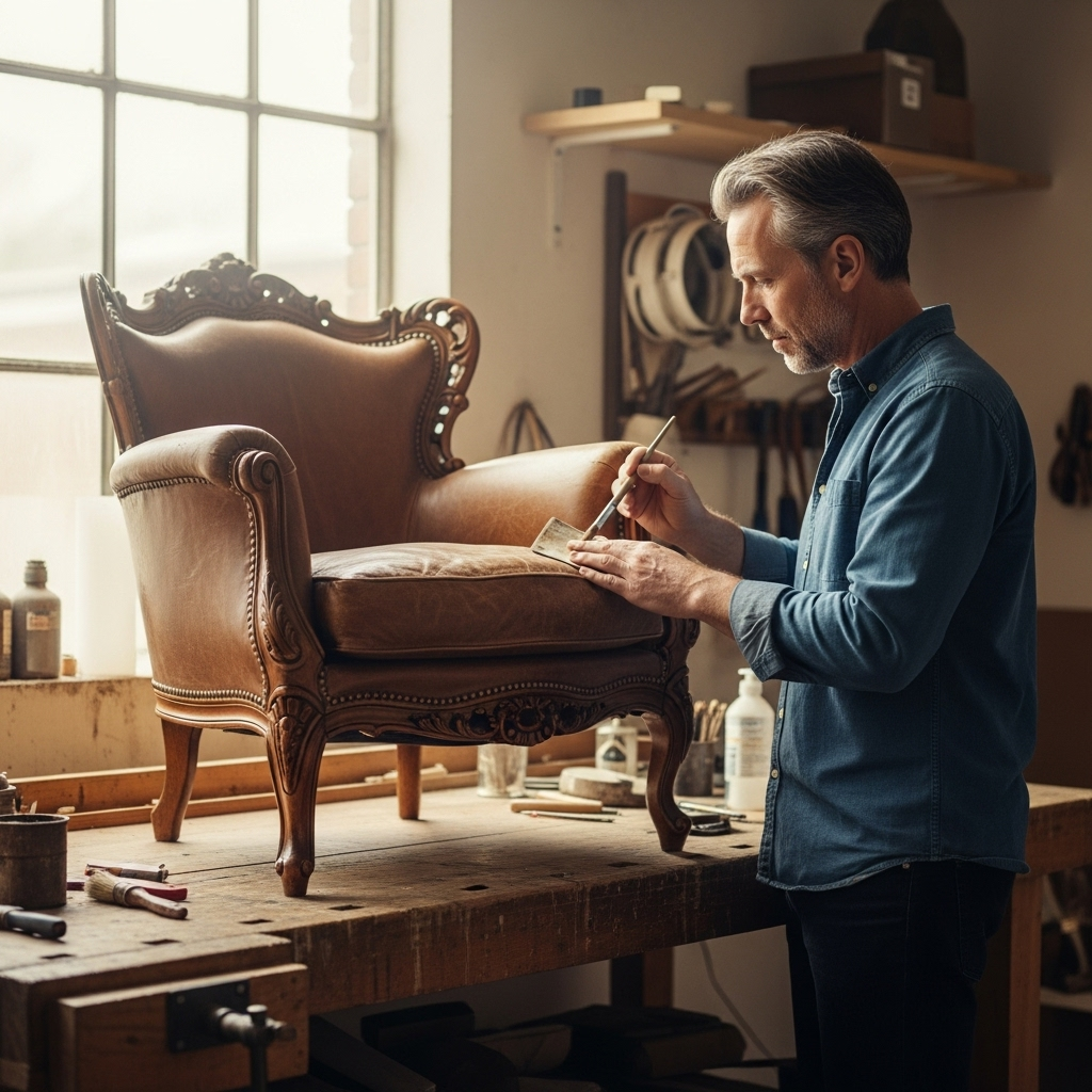Мужчина реставрирует старинное кресло