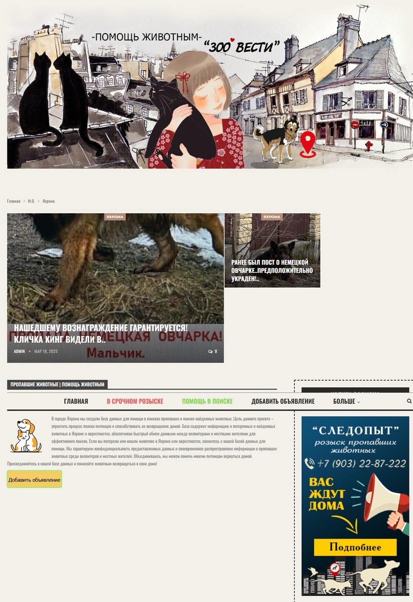 Яхрома - Пропавшие животные, поможем найти пропавшего в городе Яхрома