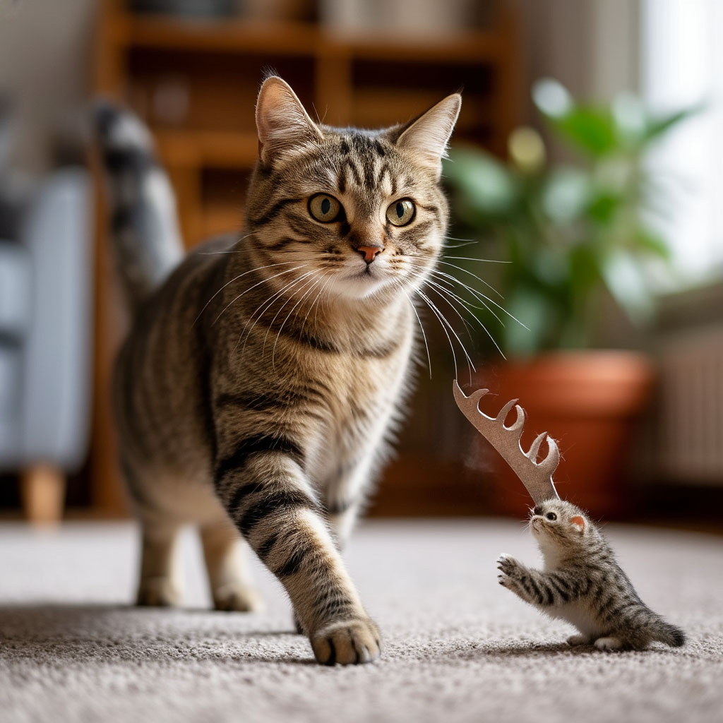 Кошка после стрижки когтей весело играет и бегает по дому