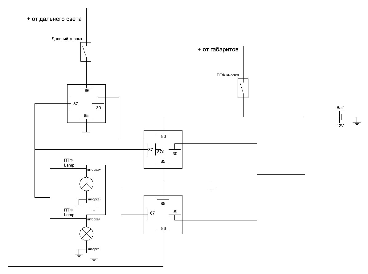Схема подключения ПТФ с функцией дальнего света (шторка)