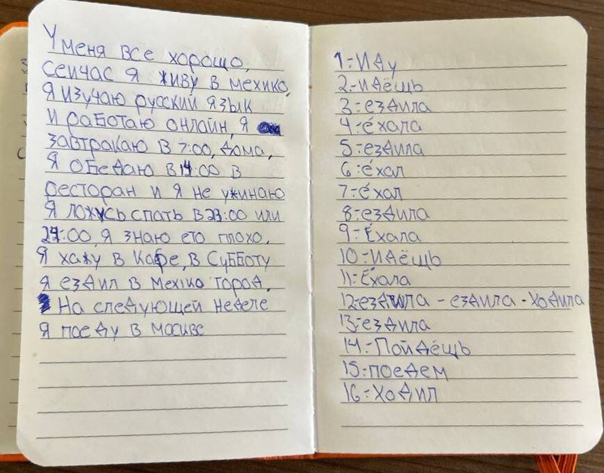 Тетрадь студента мексиканца Хосе, испаноязычного, изучающего с нуля русский язык под руководством моей дочери