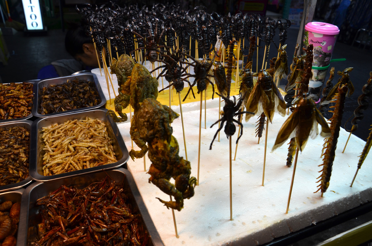 Жареные пауки на палочках, на заднем плане - скорпионы. Каосан Роуд в Бангкоке. Фото автора.