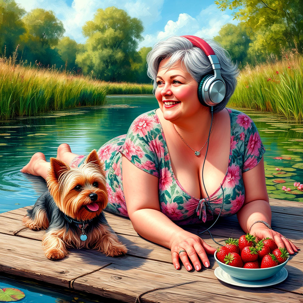 Солнечный день, озеро, в наушниках с улыбкой и миской клубники. Рядом йорк, который тоже кайфует. Это не просто отдых — это жизнь на полную катушку в провинции.
