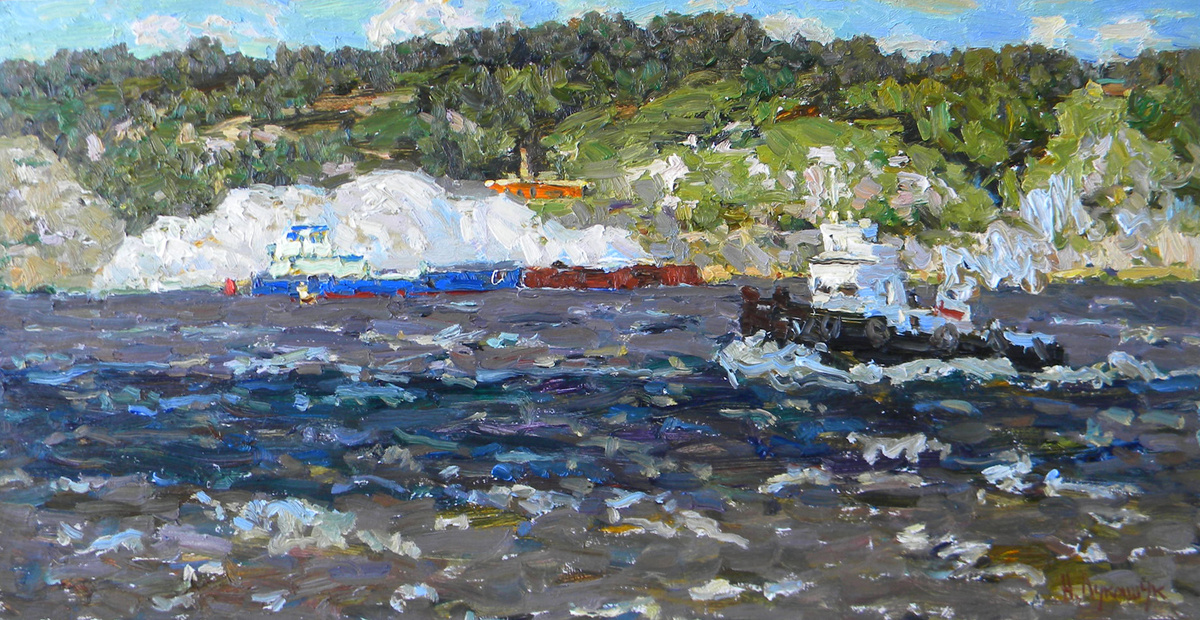 Николай Лукашук "Волга у пос. Богатырь" картон, масло 44х88 