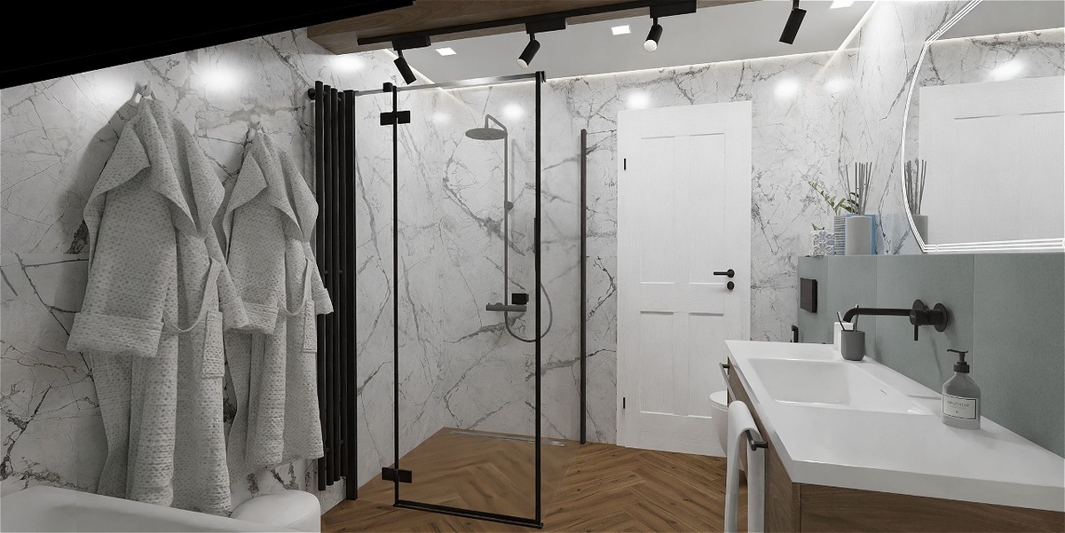 белый мрамор на стенах Idalgo Lusso и плитка под дерево на полу